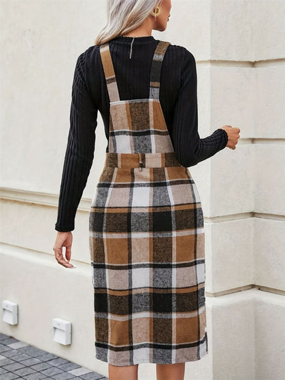 Chic plaid overall dress with slit and pockets