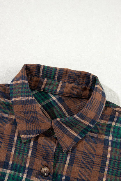 Brown plaid button-up shacket with chest pockets