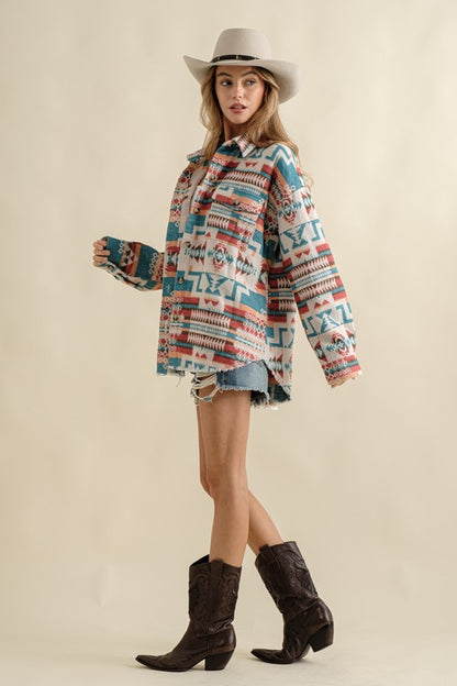 Boho Aztec Frayed Shacket