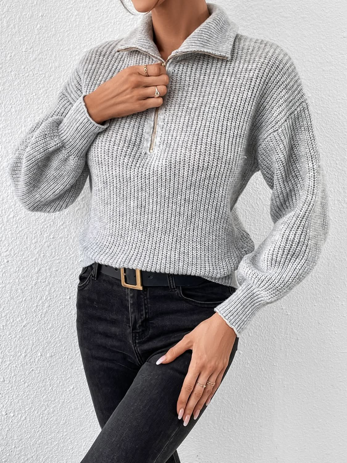 Cozy Honey Acrylic Half Zip Sweater with Dropped Shoulders