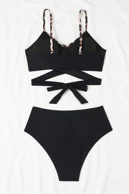 Fierce Black Leopard Criss Cross Tie High Waisted Bikini with Spaghetti Straps