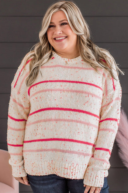 Chic pink stripe plus size drop shoulder sweater with side split