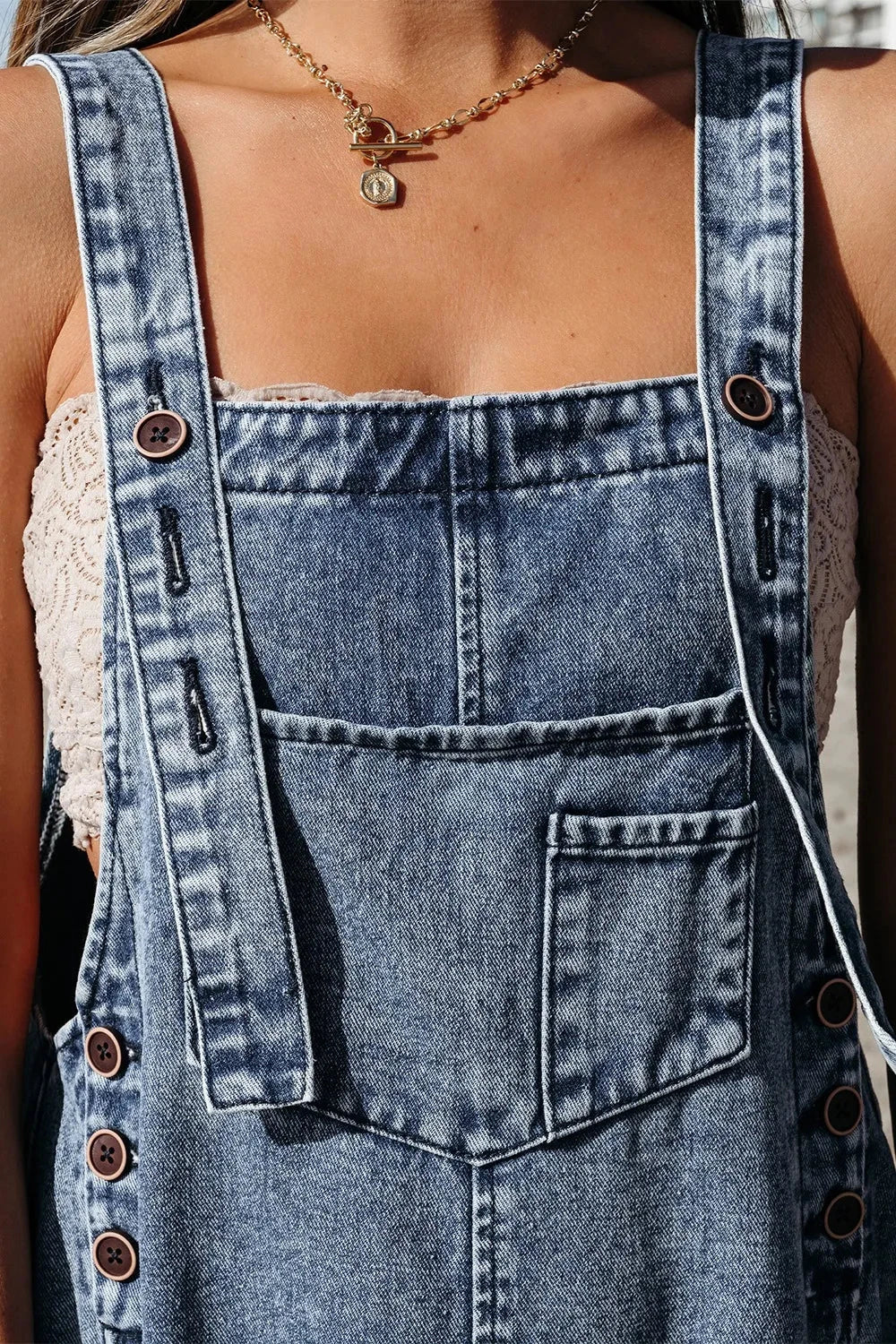 Distressed Bib Pocket Wide Leg Denim Overalls Simply Love