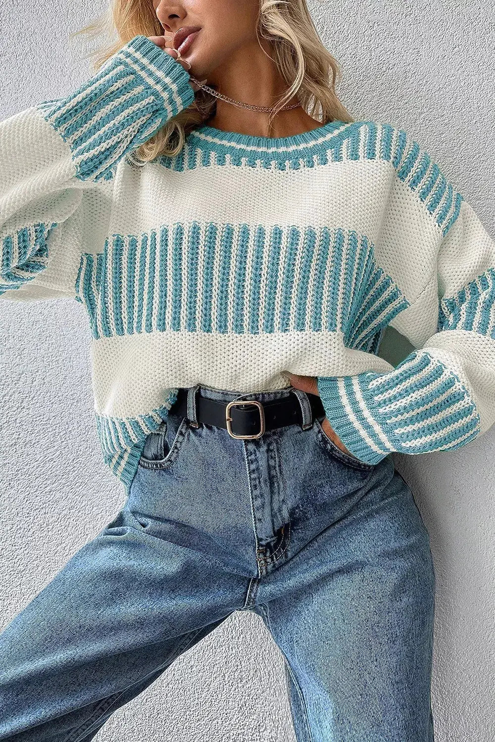Two Tone Striped Patchwork Drop Shoulder Loose Sweater Simply Love