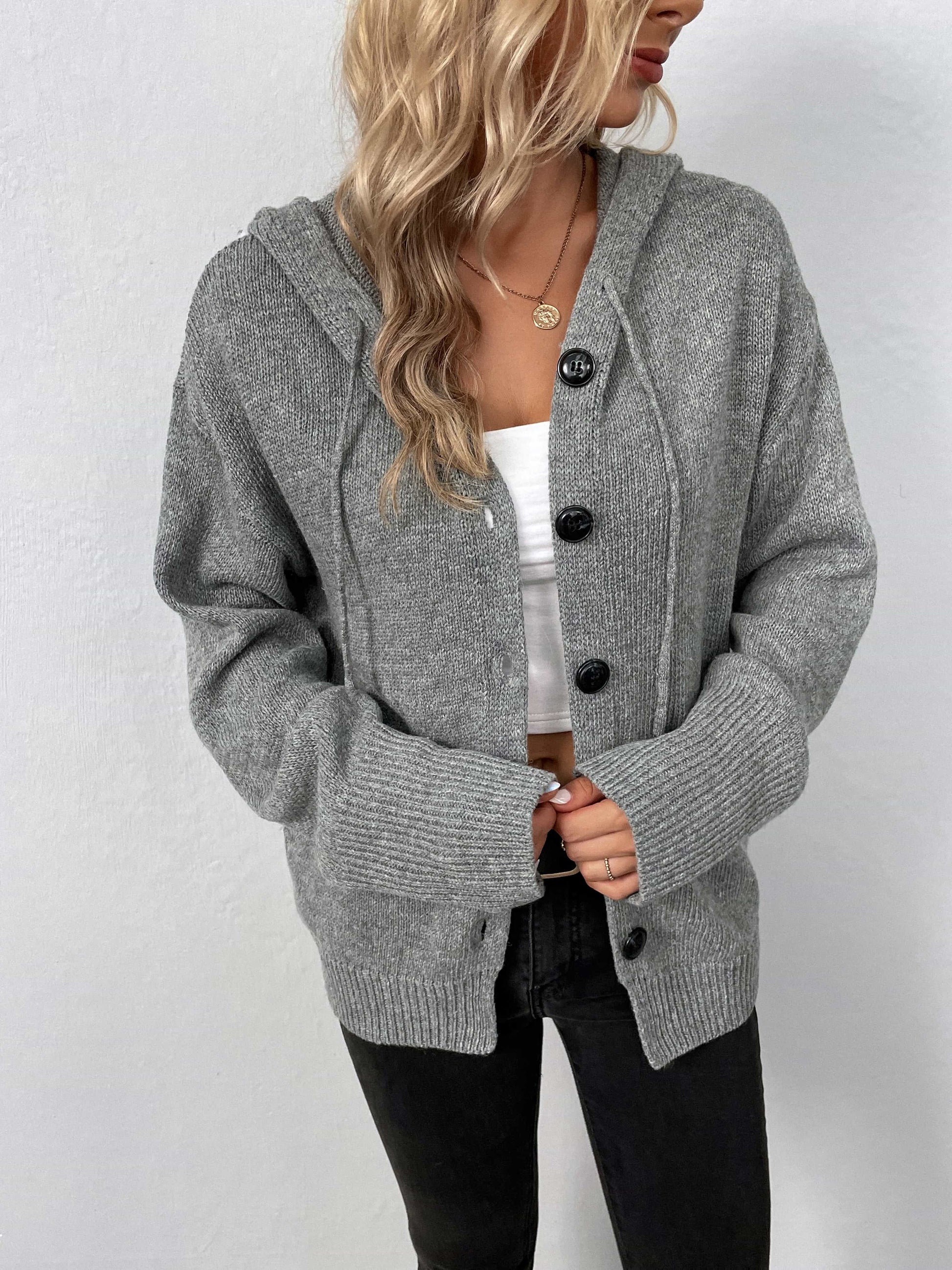 Button-Down Long Sleeve Hooded Sweater.