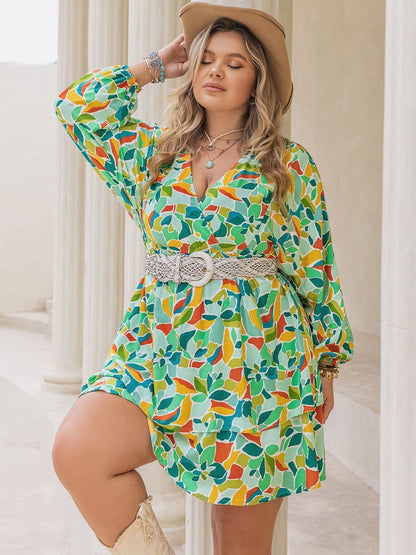 Plus Size Printed Surplice Long Sleeve Mini Dress.