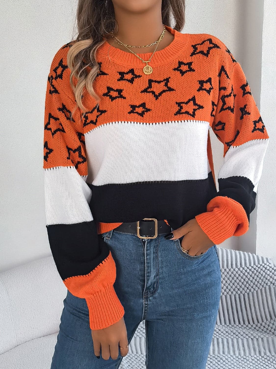 Star Contrast Round Neck Sweater.