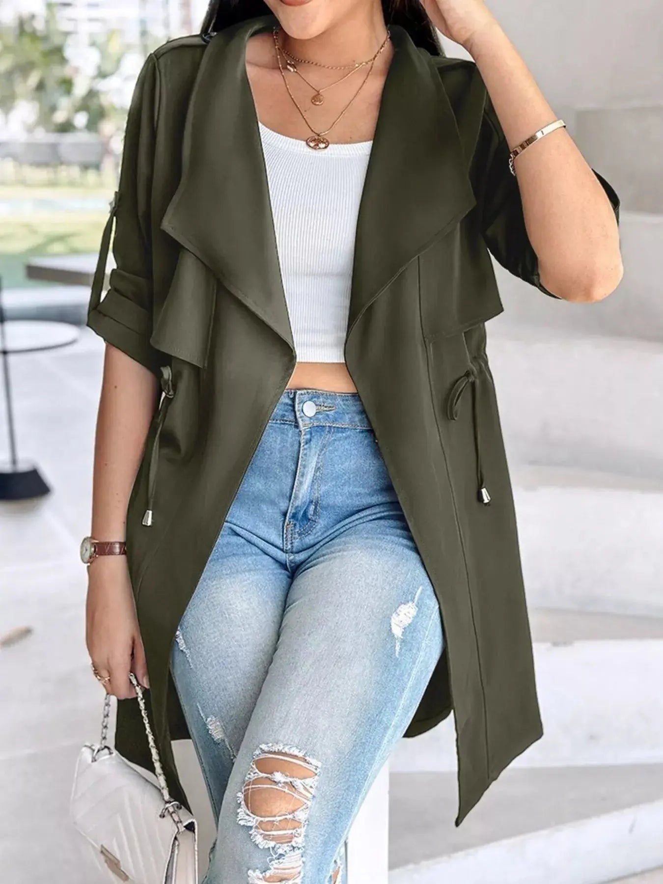 Drape Collar Lightweight Trench Coat Simply Love