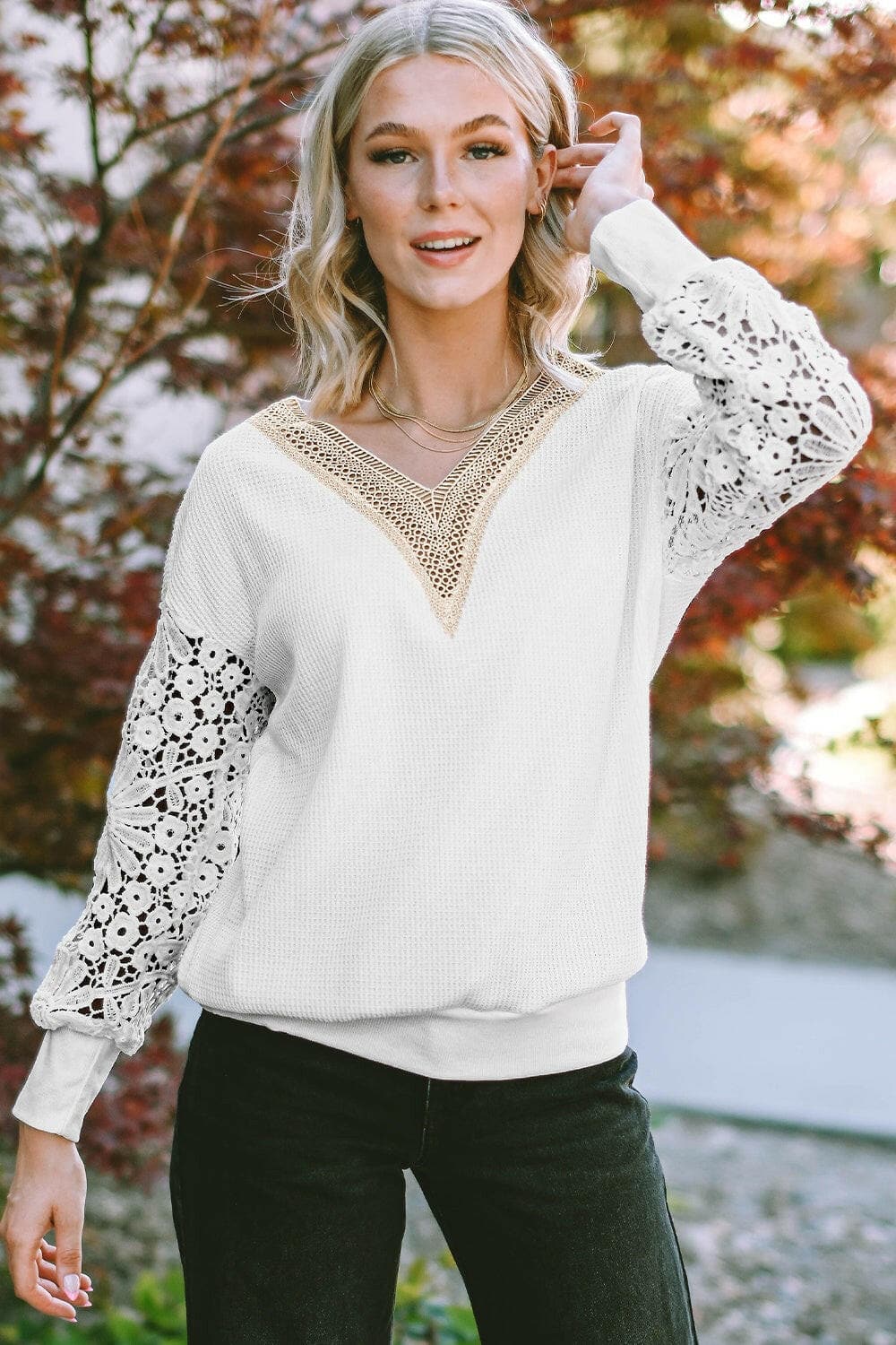 V-Neck Crochet Long Sleeve BlouseUpgrade Your Wardrobe with Our V-Neck Crochet Long Sleeve Blouse
 Step up your fashion game with our elegant V-Neck Crochet Long Sleeve Blouse. Made from 100% polyesLove Salve -Neck Crochet Long Sleeve BlouseBlouses