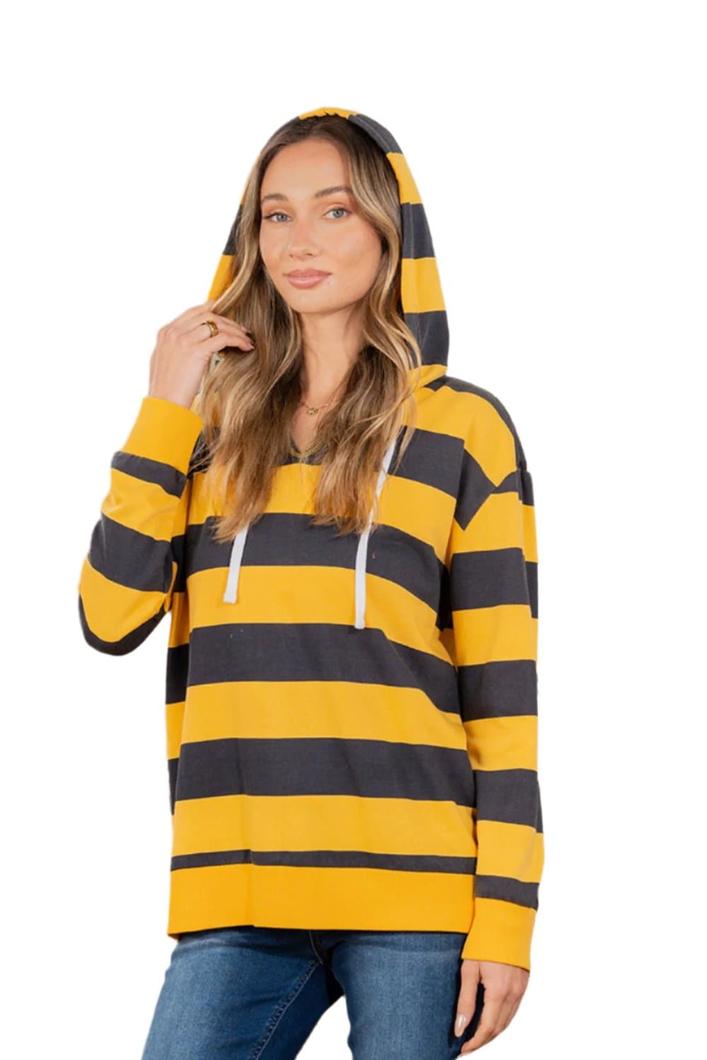 Full Size Drawstring Striped Long Sleeve Hoodie.