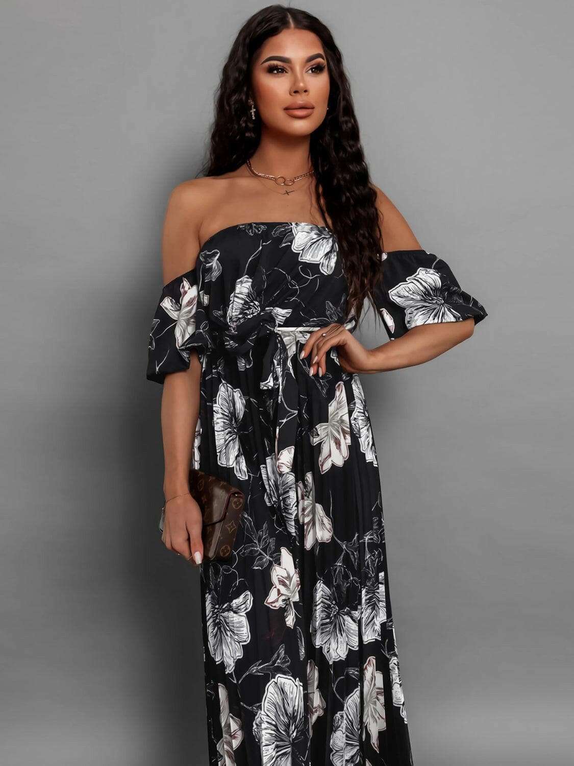 Pleated Floral Off-Shoulder Short Sleeve Midi DressPleated Floral Off-Shoulder Short Sleeve Midi Dress
 Step into elegance with our Pleated Floral Off-Shoulder Short Sleeve Midi Dress. Embrace sophistication effortleLove Salve -Shoulder Short Sleeve Midi Dressjust arrived