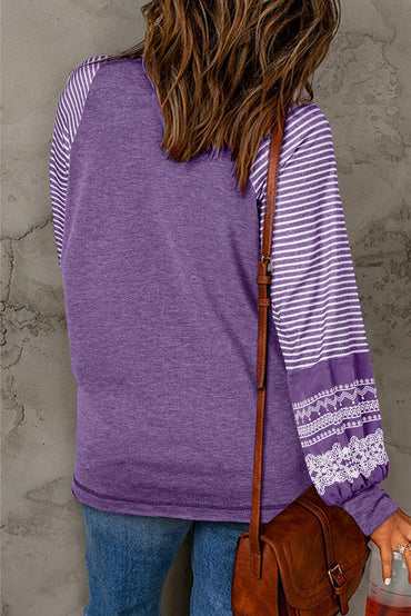 Tillandsia Purple Contrast Striped Raglan Long Sleeve Top