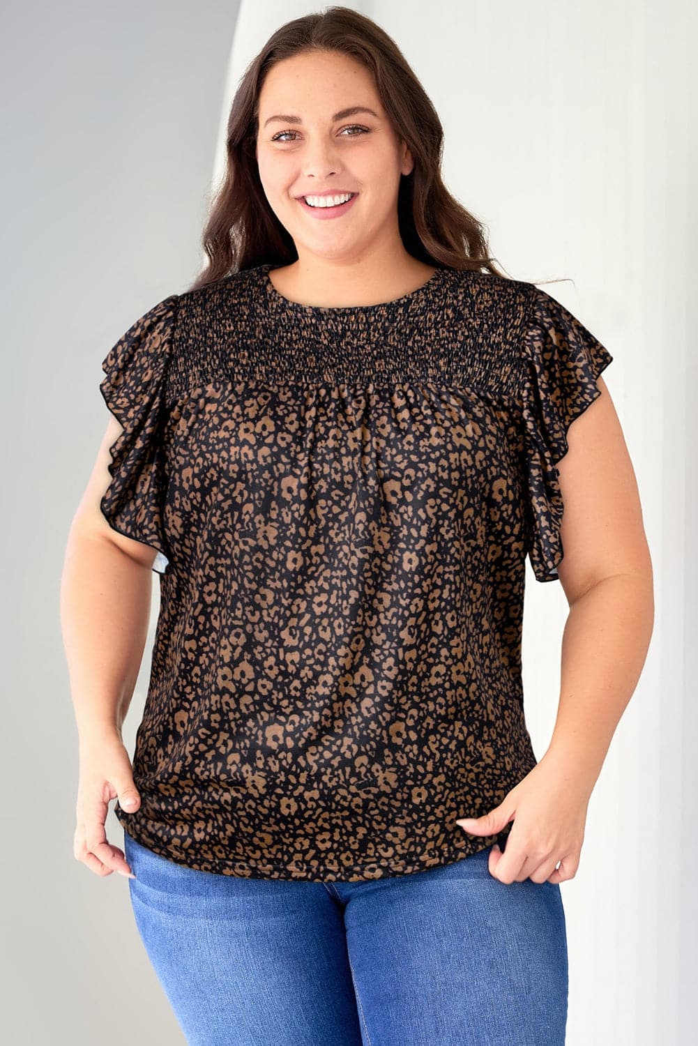 Plus Size Printed Smocked Butterfly Sleeve Blouse.