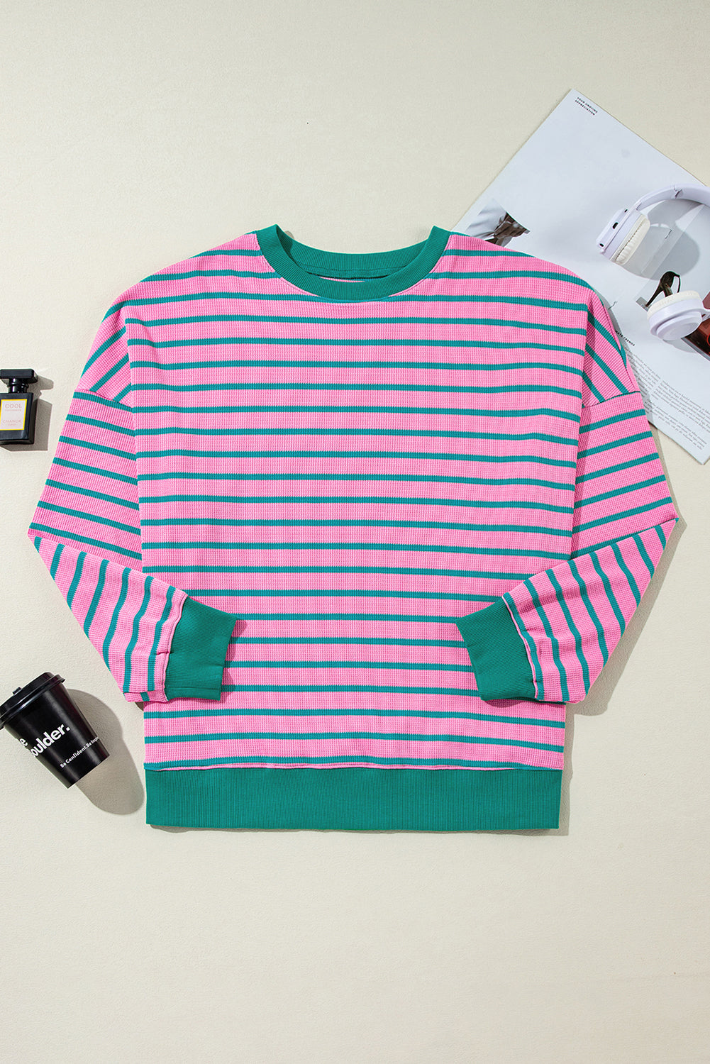 Cozy chic pink stripe plus size sweatshirt with waffle knit texture