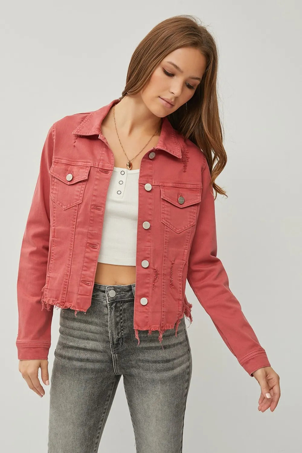 Risen Full Size Raw Hem Button Up Cropped Denim Jacket Plus Size - Love Salve 