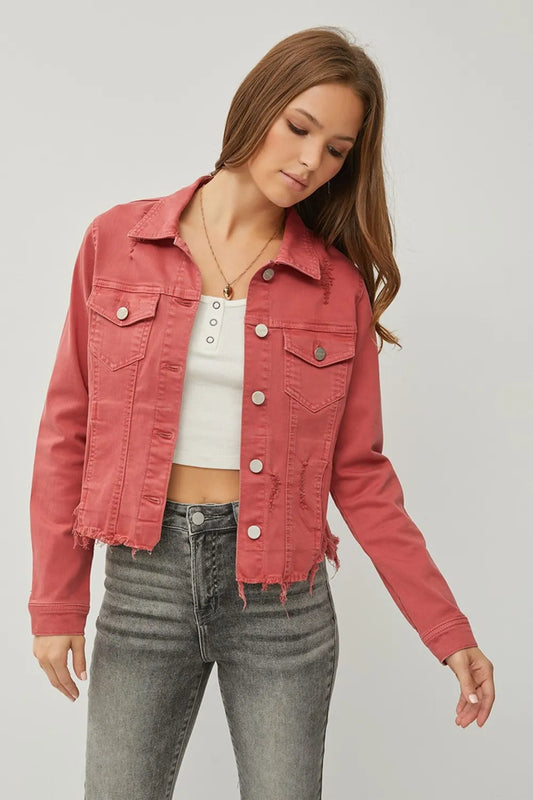 Risen Full Size Raw Hem Button Up Cropped Denim Jacket Plus Size - Love Salve 