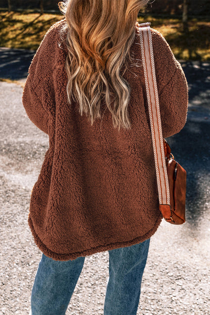 Cozy red clay teddy bear jacket with faux shearling charm