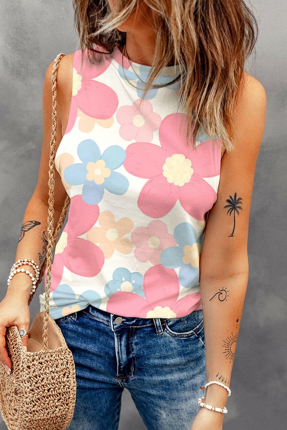 Flower Printed Round Neck Tank.