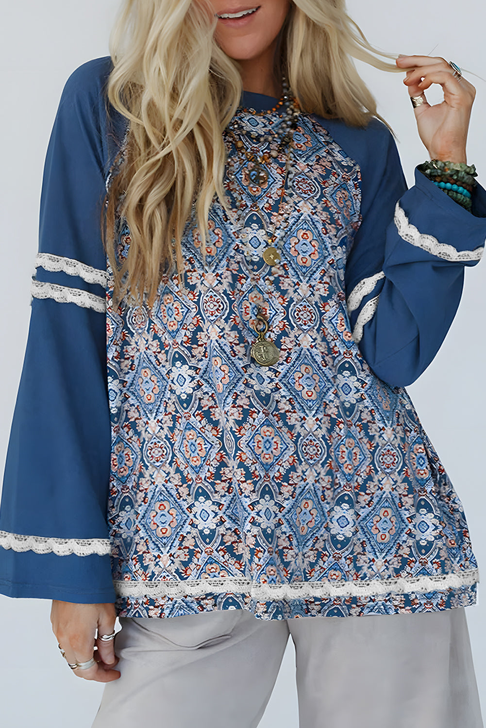 Blue Geometric Printed Lace Patchwork Ric Rac Raglan Top