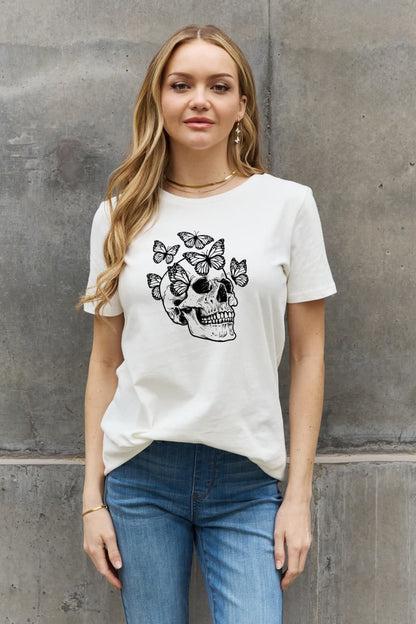 Chic butterfly skull graphic cotton t-shirt