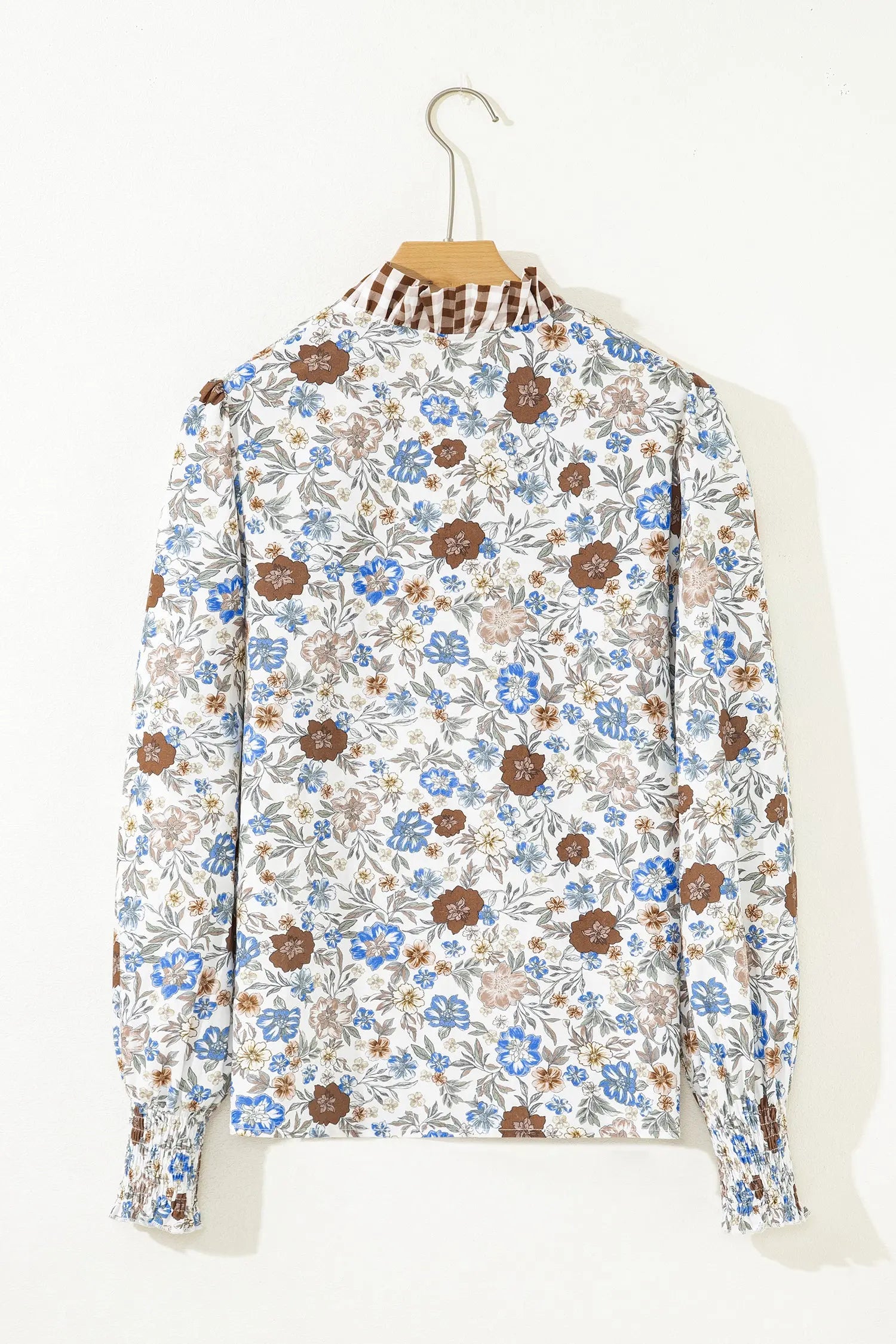 Brown Plaid Frilled Trim V Neck Floral Long Sleeve Blouse Dear-Lover Dropshipping