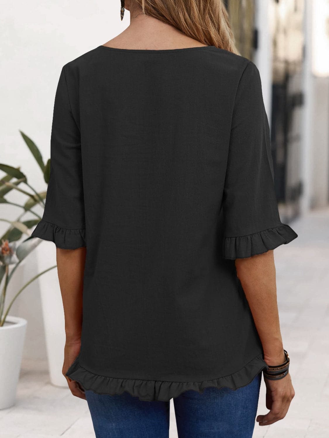 Ruffled Round Neck Half Sleeve Blouse.