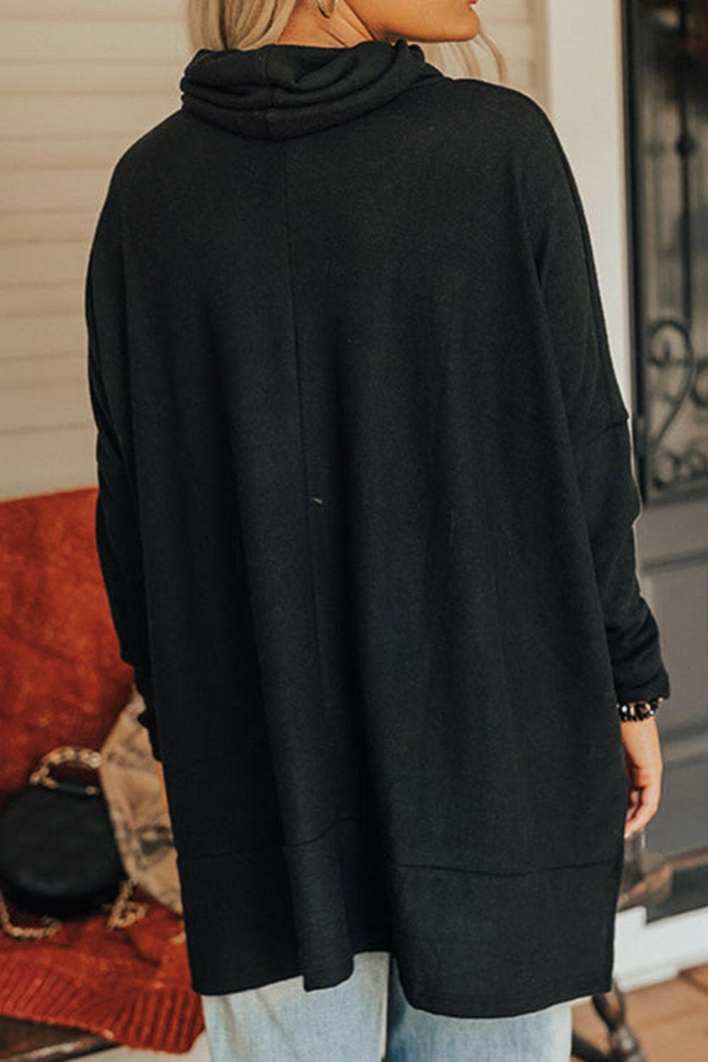 Cowl Neck Long Sleeve Slit Blouse.