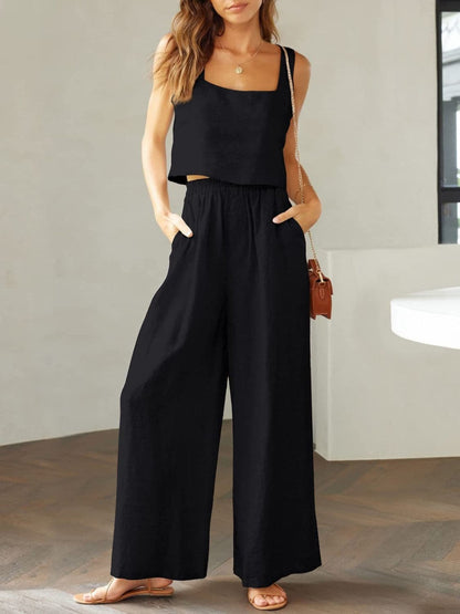 Square Neck Top and Wide Leg Pants Set.