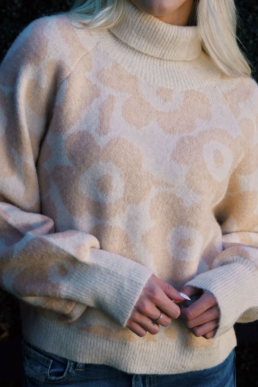 Flower Pattern Turtleneck Long Sleeve Sweater.