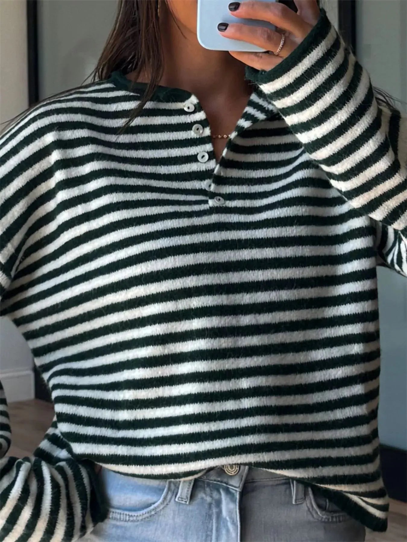 Button Detail Dropped Shoulder Striped Sweater Simply Love