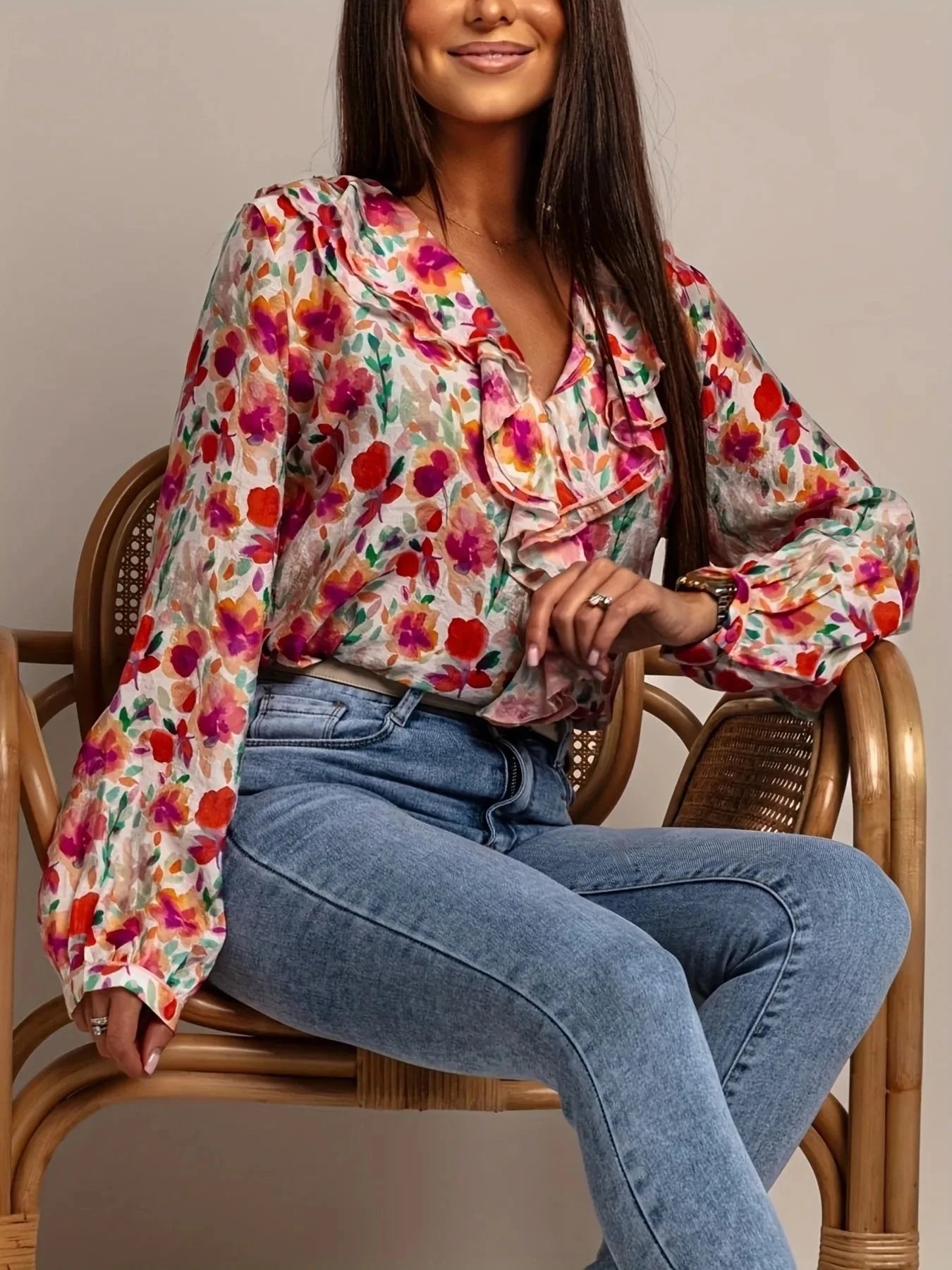 Floral Print Ruffle V-Neck Long Sleeve Blouse Coco’s Tee Boutique