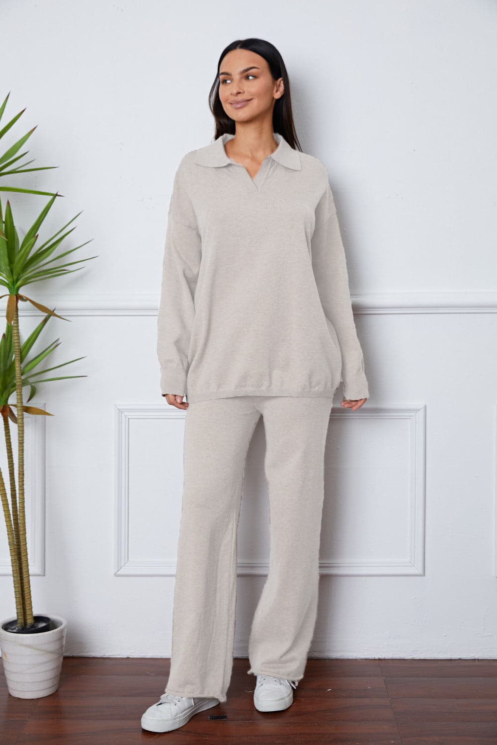 Dropped Shoulder Sweater and Long Pants Set.