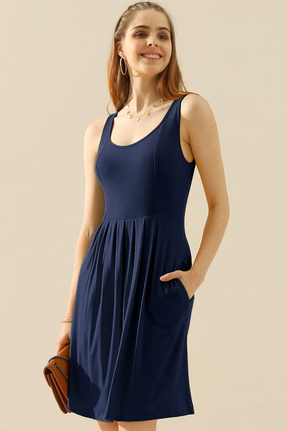 Doublju Full Size Round Neck Ruched Sleeveless Dress with Pockets.