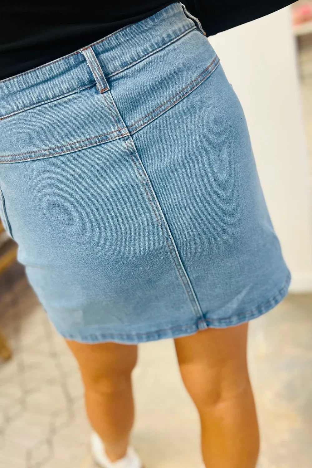 Acid Wash Bowknot Details High Waist Denim Skirt - Product side view by Simply Love