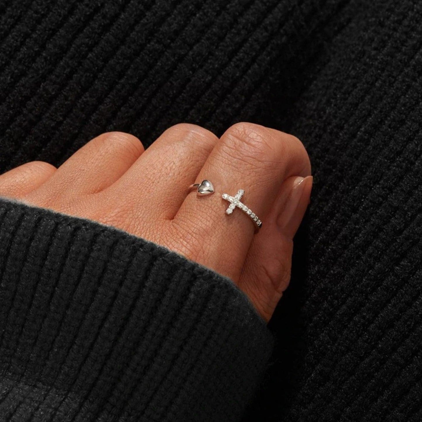 Heart Shape Cross Inlaid Zircon Open Ring.