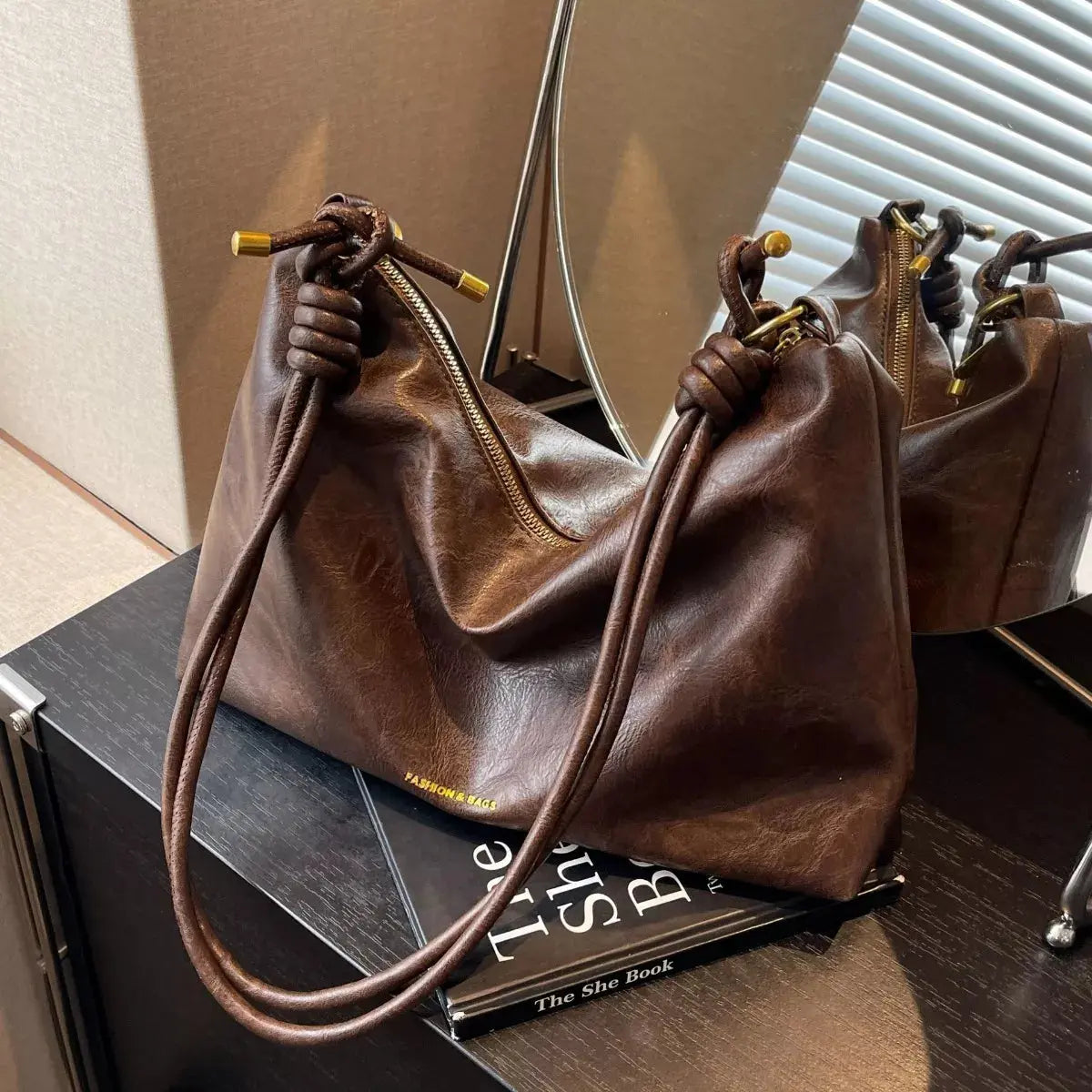 Knotted Strap PU Leather Handbag Medium Size Imported With Gold Hardware Simply Love