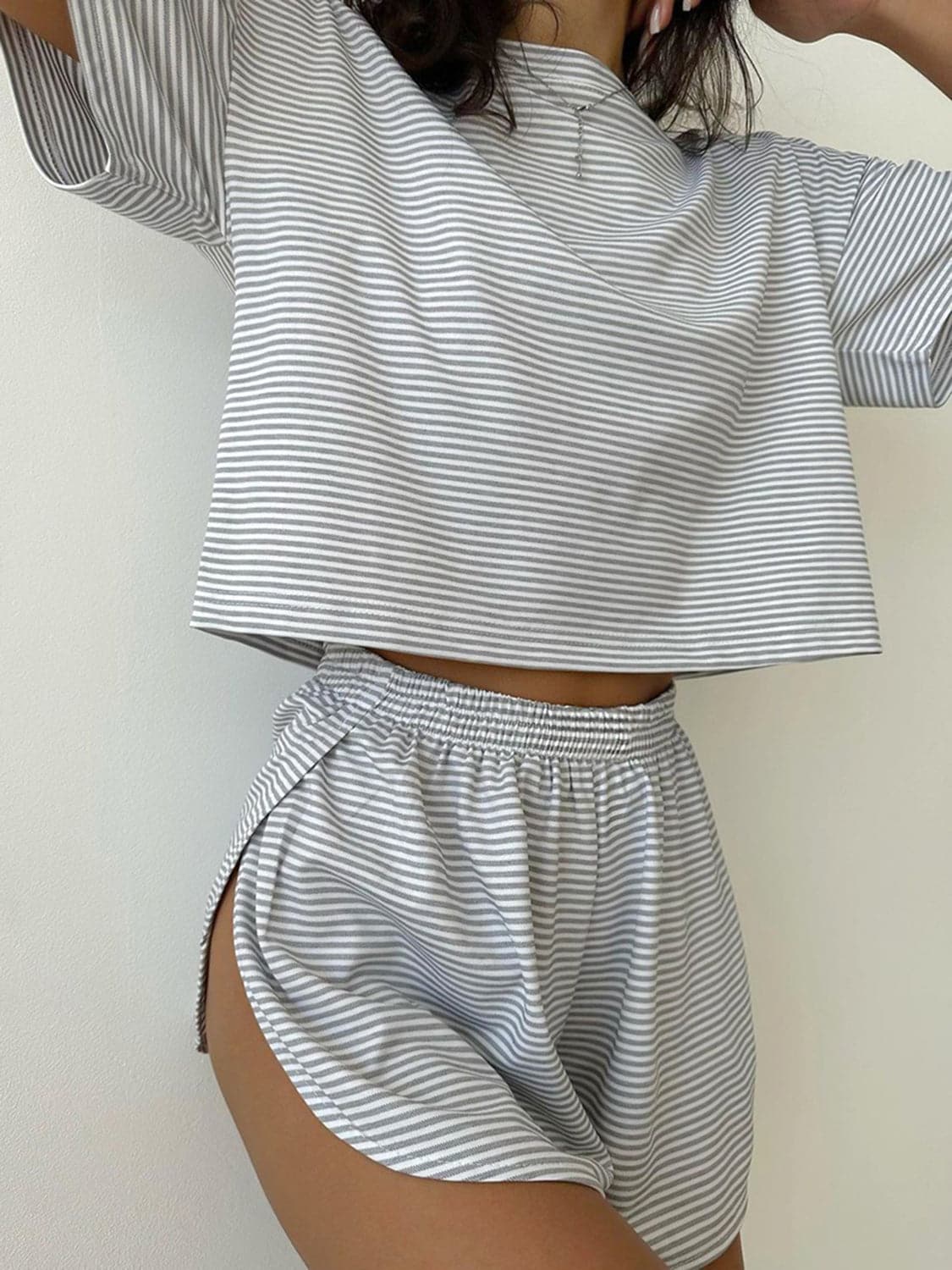 Striped Round Neck Top and Shorts Set.