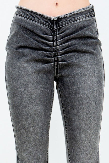 Chic V-cut ruched mid flare pants with side zipper