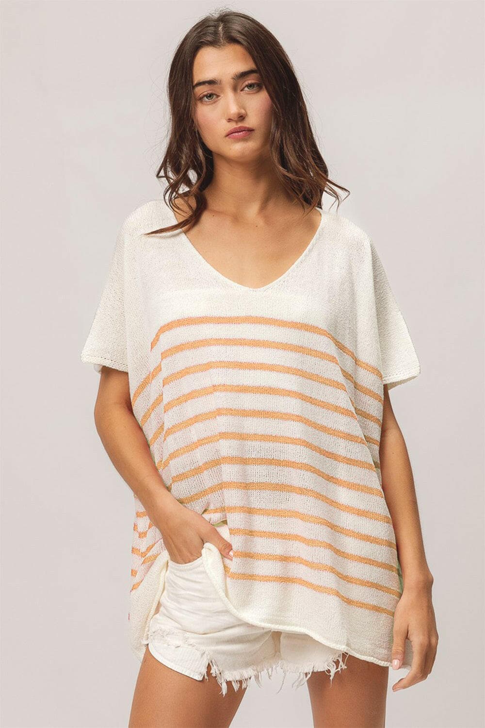BiBi V Neck Striped Short Sleeve Top - Love Salve 