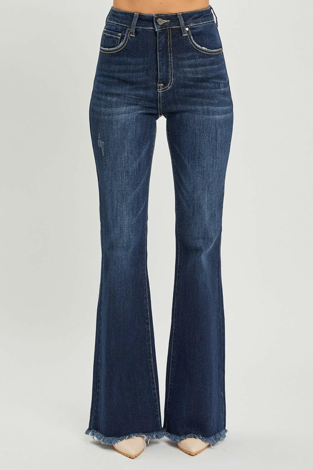 RISEN High Waist Raw Hem Flare Jeans.