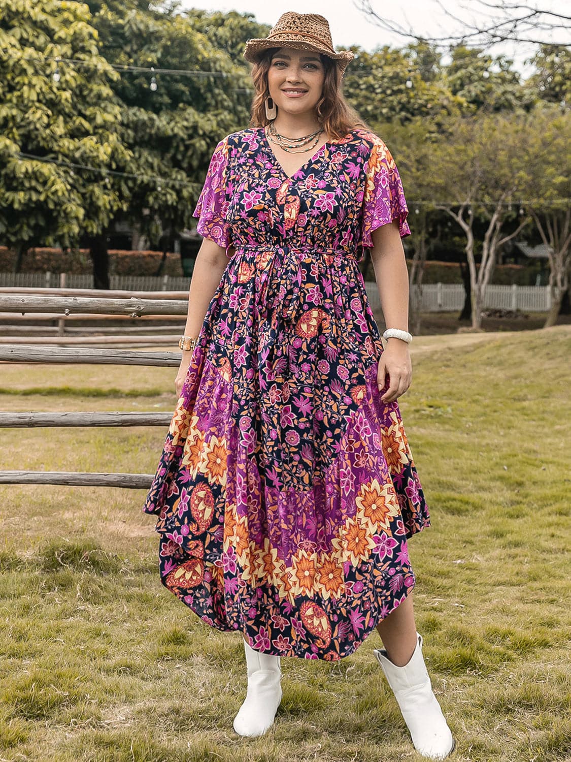 Plus Size Printed V-Neck Flutter Sleeve Midi Dress.