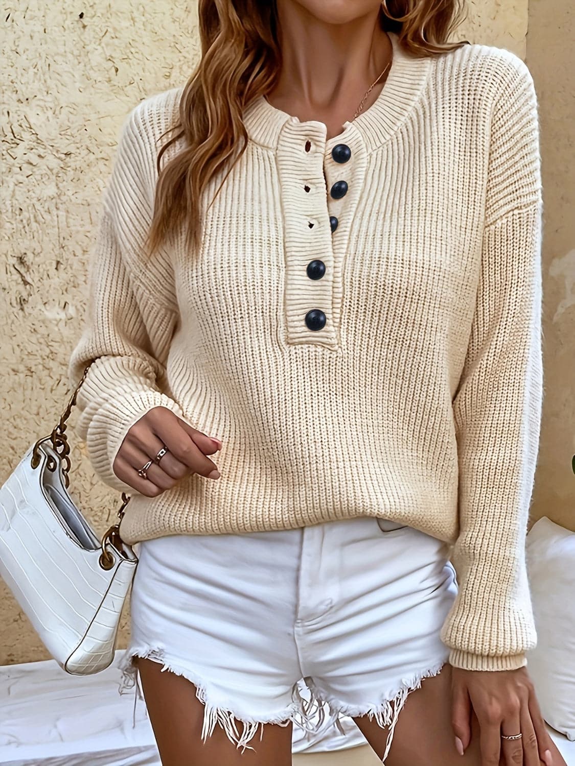 Half Button Dropped Shoulder Sweater.