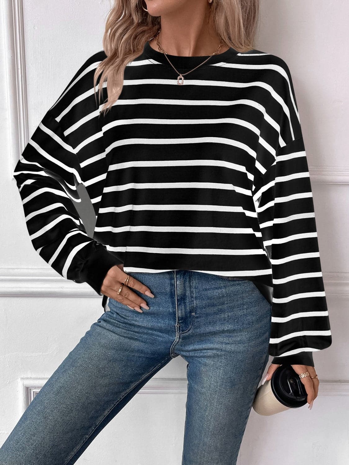 Striped Round Neck Long Sleeve Sweatshirt.