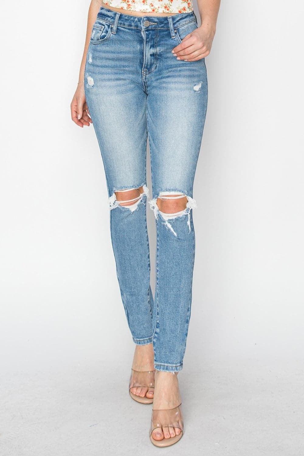 Risen Full Size High Rise Knee Distressed Skinny Jeans.