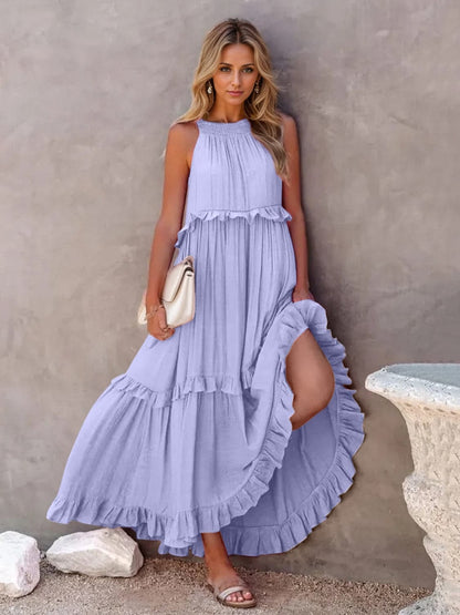 Ruffled Sleeveless Tiered Maxi Dress with Pockets.