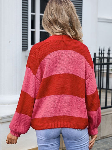 Striped Open Front Dropped Shoulder Cardigan.