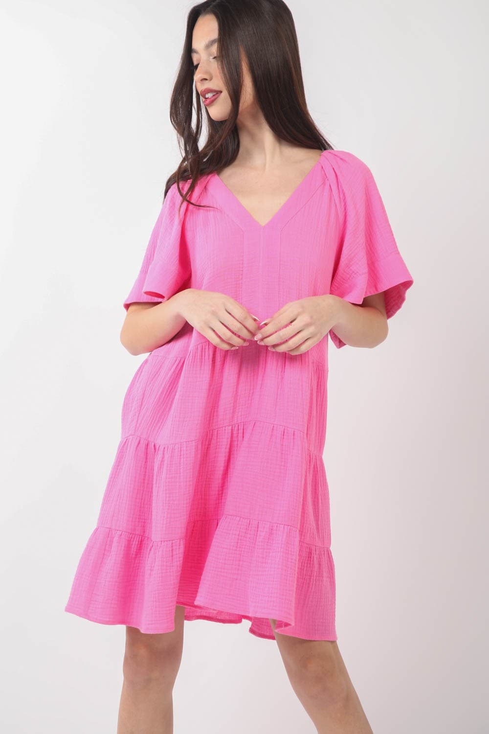 VERY J Texture V-Neck Ruffled Tiered Dress.