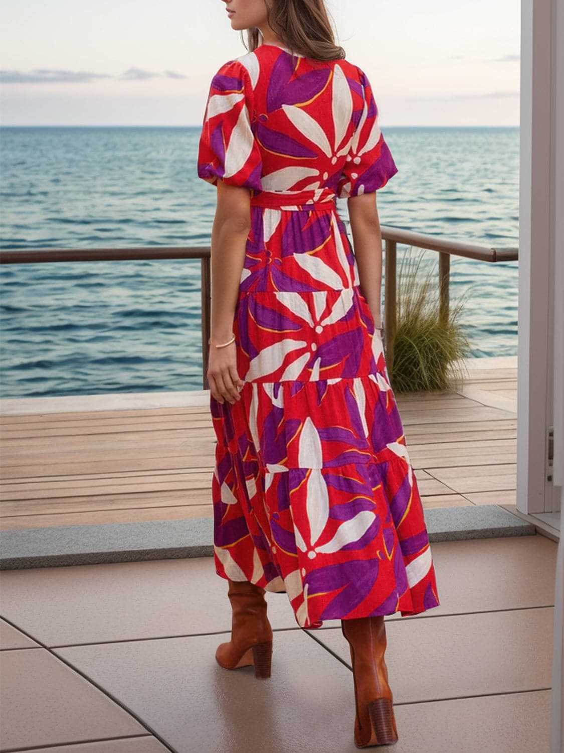 Tied Slit Printed Half Sleeve Midi Dress.