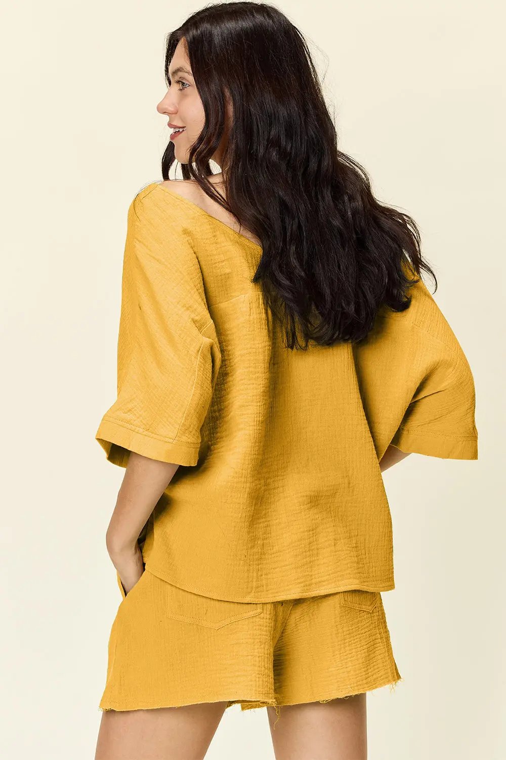 Double Take Texture Half Sleeve T-Shirt and Drawstring Shorts Set - Love Salve