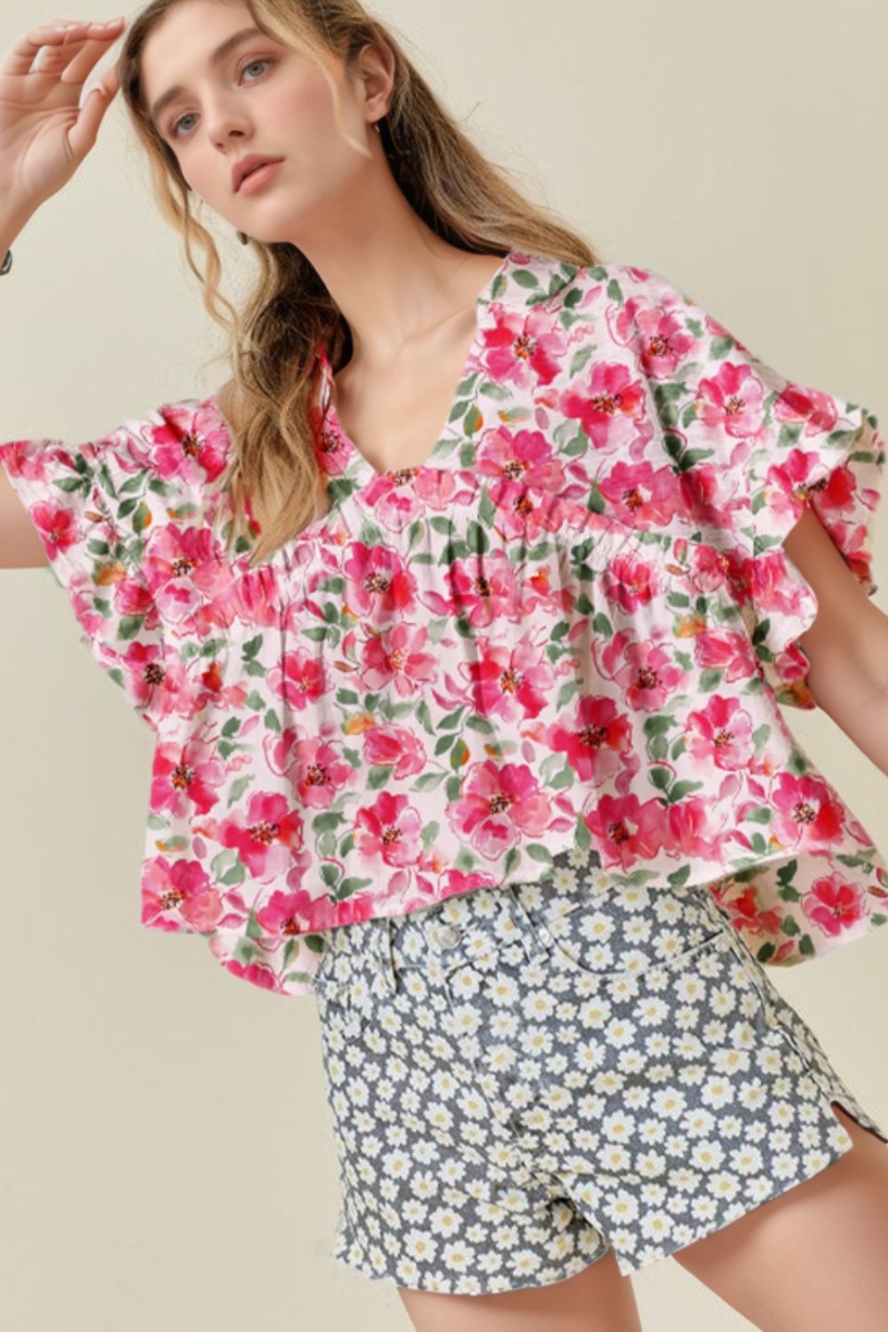 Floral Boxy Fit Ruffled Short Sleeve Blouse